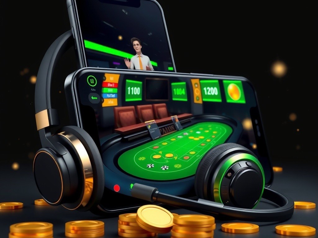 A phone showing a WinMate88 live dealer table beside a support headset